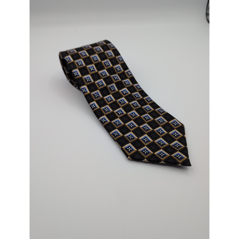 Vintage J.Z. Richards Nordstrom Silk Tie Blue Gold Geometric Squares USA Made